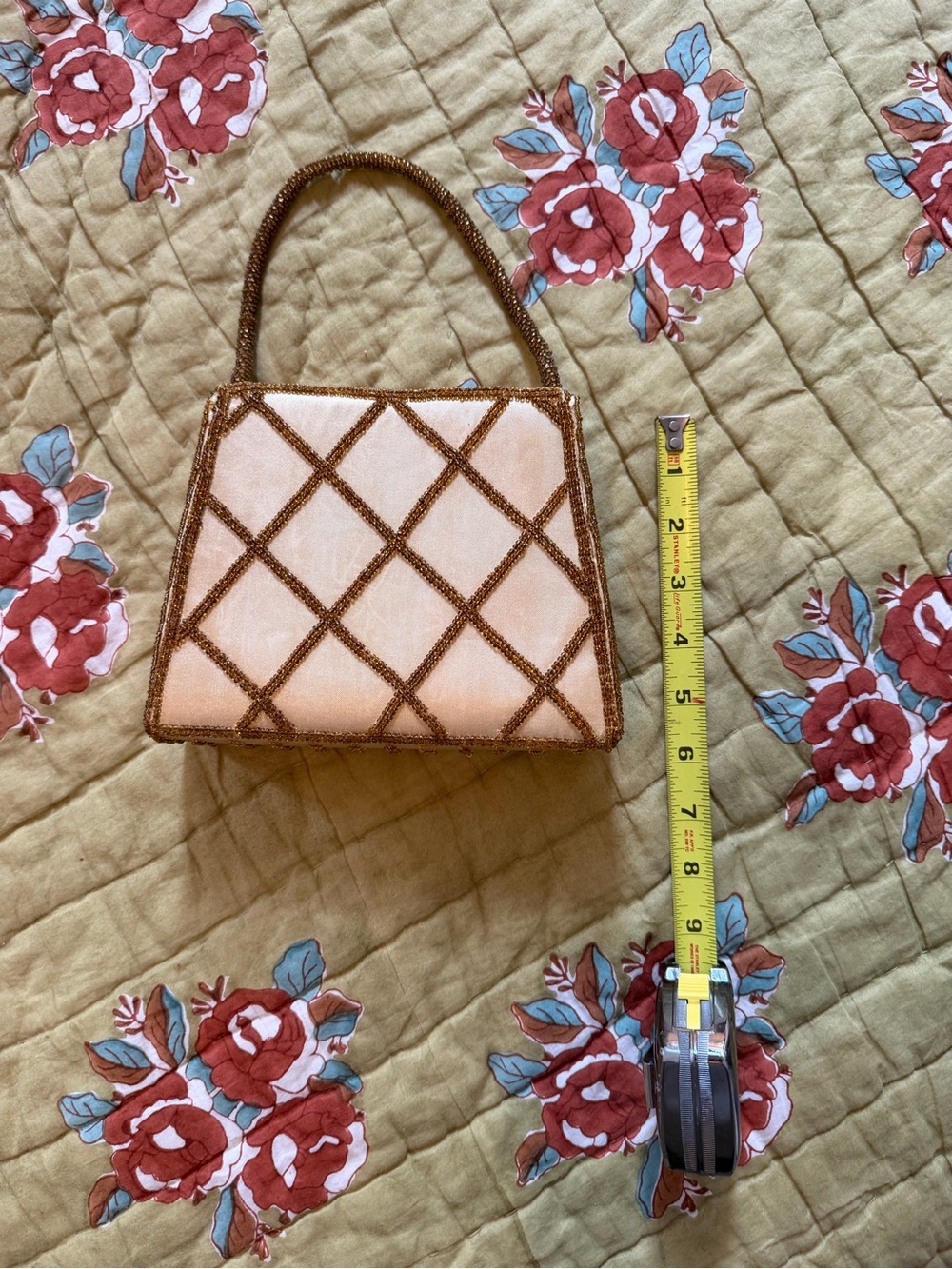 Gold Beaded Check Print Satin Vintage Clutch